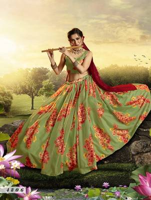 Green embroidered net semi stitched lehenga 3