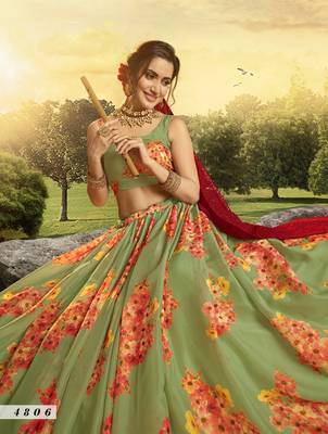 Green embroidered net semi stitched lehenga 4