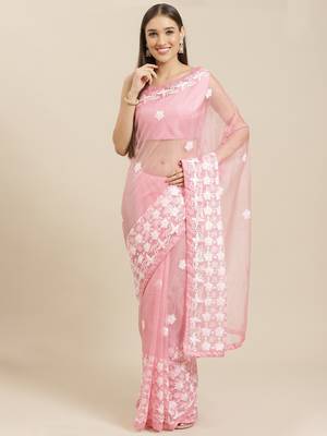 Pink embroidered organza saree with blouse 1