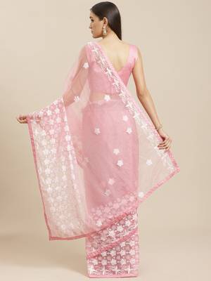 Pink embroidered organza saree with blouse 2