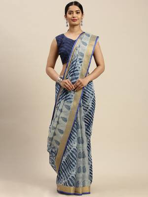 Blue printed linen saree with blouse 1