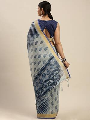 Blue printed linen saree with blouse 2