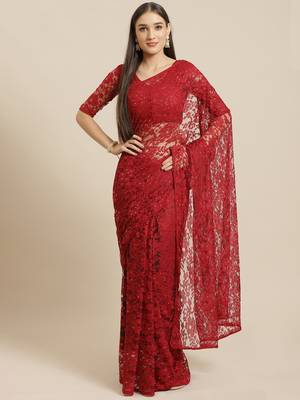 Red embroidered net saree with blouse 1