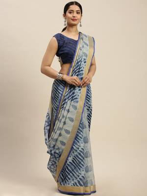 Blue printed linen saree with blouse 3