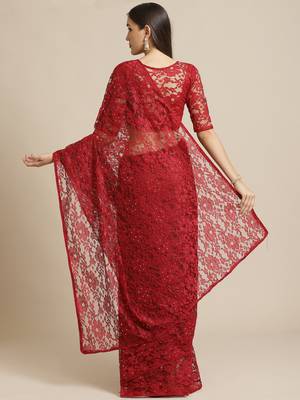 Red embroidered net saree with blouse 2
