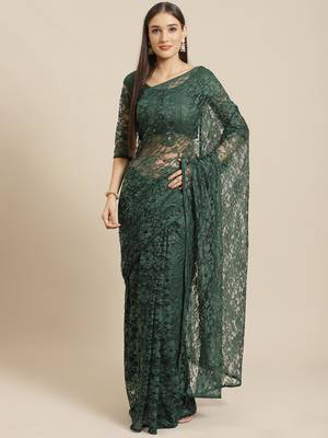 Green embroidered net saree with blouse 1