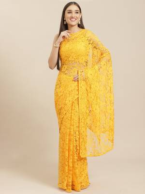 Yellow embroidered net saree with blouse 1