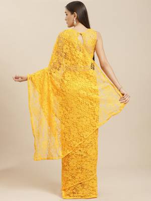 Yellow embroidered net saree with blouse 2