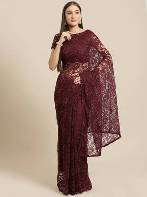 Violet embroidered net saree with blouse 1