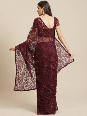 Violet embroidered net saree with blouse 2