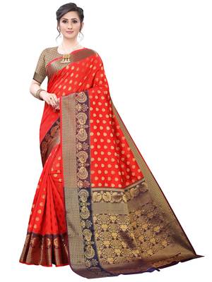 Red woven silk blend saree with blouse 1