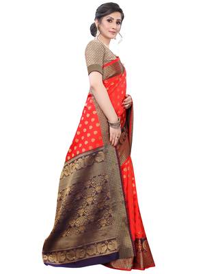 Red woven silk blend saree with blouse 3