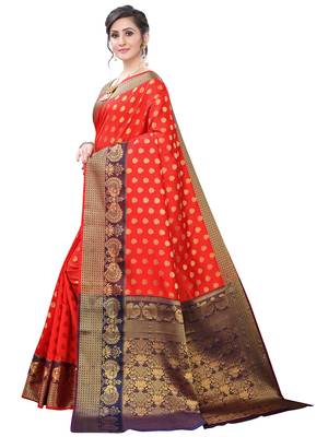 Red woven silk blend saree with blouse 4