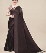 Brown solid net saree with blouse