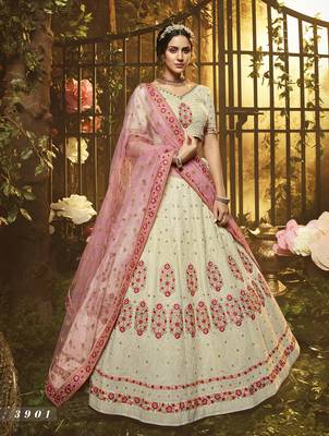 White embroidered georgette semi stitched lehenga 1