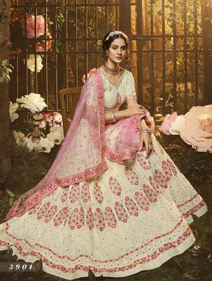 White embroidered georgette semi stitched lehenga 2