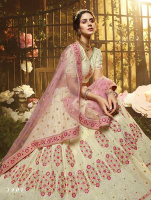 White embroidered georgette semi stitched lehenga 3