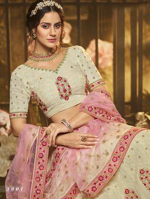 White embroidered georgette semi stitched lehenga 4