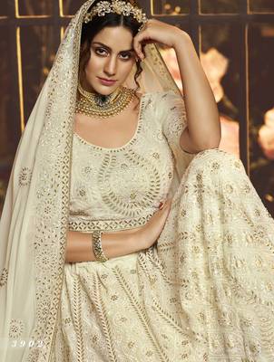 White embroidered georgette semi stitched lehenga 3