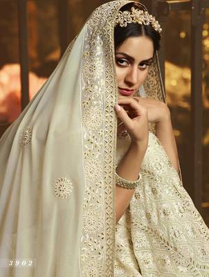 White embroidered georgette semi stitched lehenga 4
