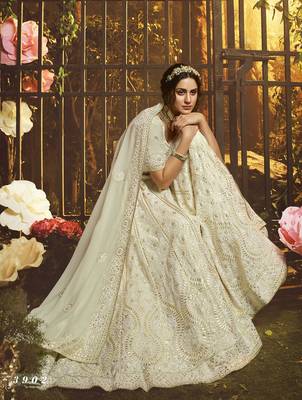 White embroidered georgette semi stitched lehenga 1