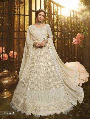White embroidered georgette semi stitched lehenga 1