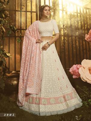 White embroidered georgette semi stitched lehenga 1