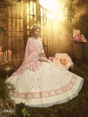 White embroidered georgette semi stitched lehenga 3