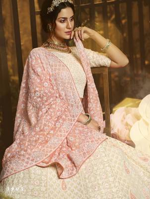 White embroidered georgette semi stitched lehenga 4