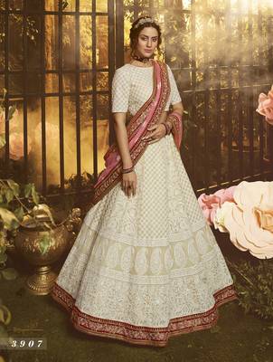 White embroidered georgette semi stitched lehenga 1
