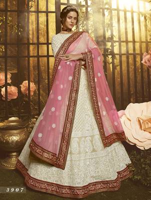 White embroidered georgette semi stitched lehenga 2