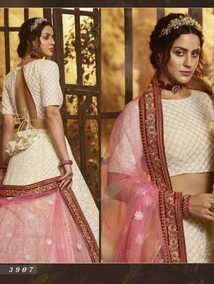 White embroidered georgette semi stitched lehenga 3
