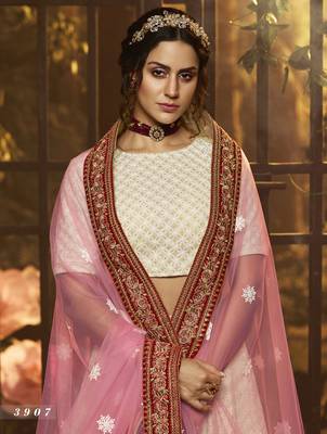 White embroidered georgette semi stitched lehenga 4