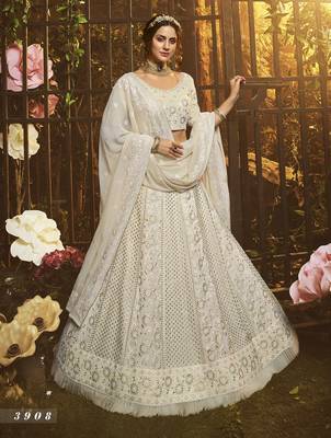 White embroidered georgette semi stitched lehenga 2