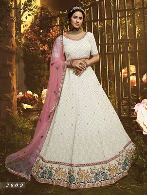 White embroidered georgette semi stitched lehenga 1