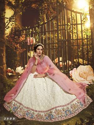 White embroidered georgette semi stitched lehenga 2