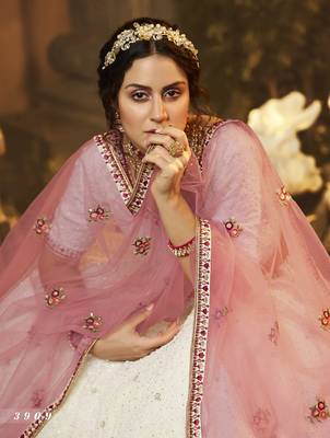 White embroidered georgette semi stitched lehenga 3