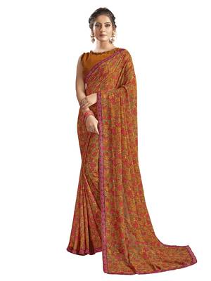 Orange printed chiffon saree with blouse 1