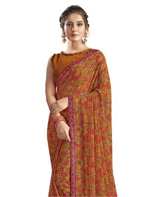Orange printed chiffon saree with blouse 2