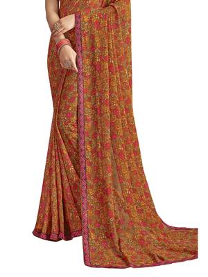 Orange printed chiffon saree with blouse 3