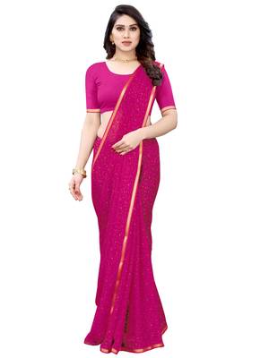 Pink printed chiffon saree with blouse 4