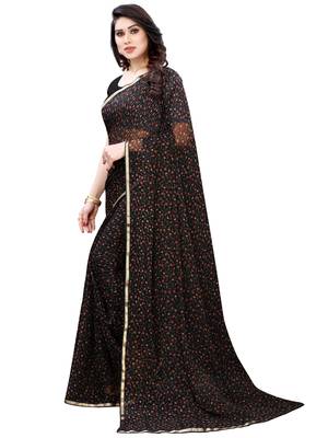 Black printed chiffon saree with blouse 2