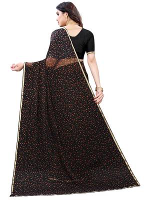 Black printed chiffon saree with blouse 3