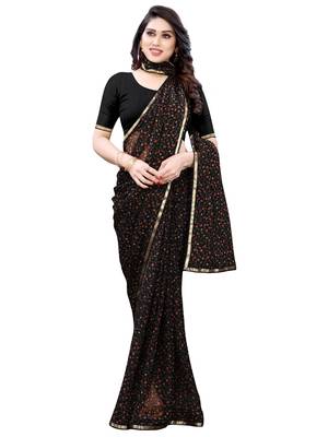 Black printed chiffon saree with blouse 4