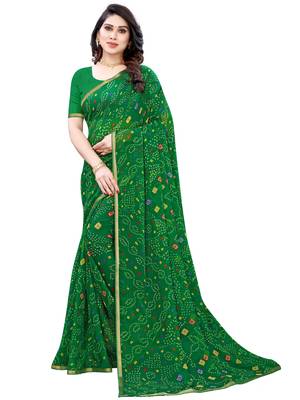 Green printed chiffon saree with blouse 1