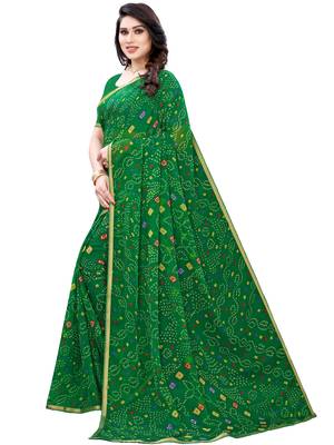 Green printed chiffon saree with blouse 2
