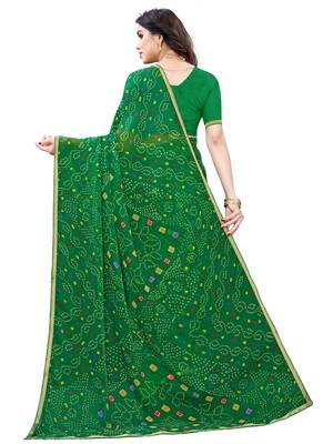 Green printed chiffon saree with blouse 3