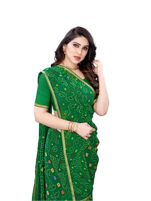 Green printed chiffon saree with blouse 4