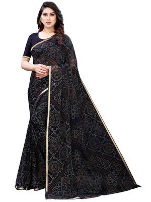 Navy blue printed chiffon saree with blouse 1
