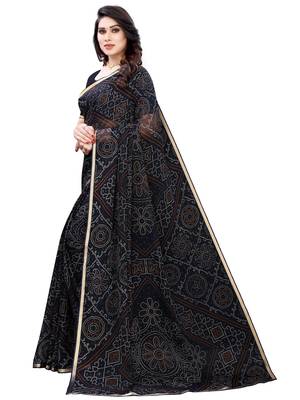 Navy blue printed chiffon saree with blouse 2